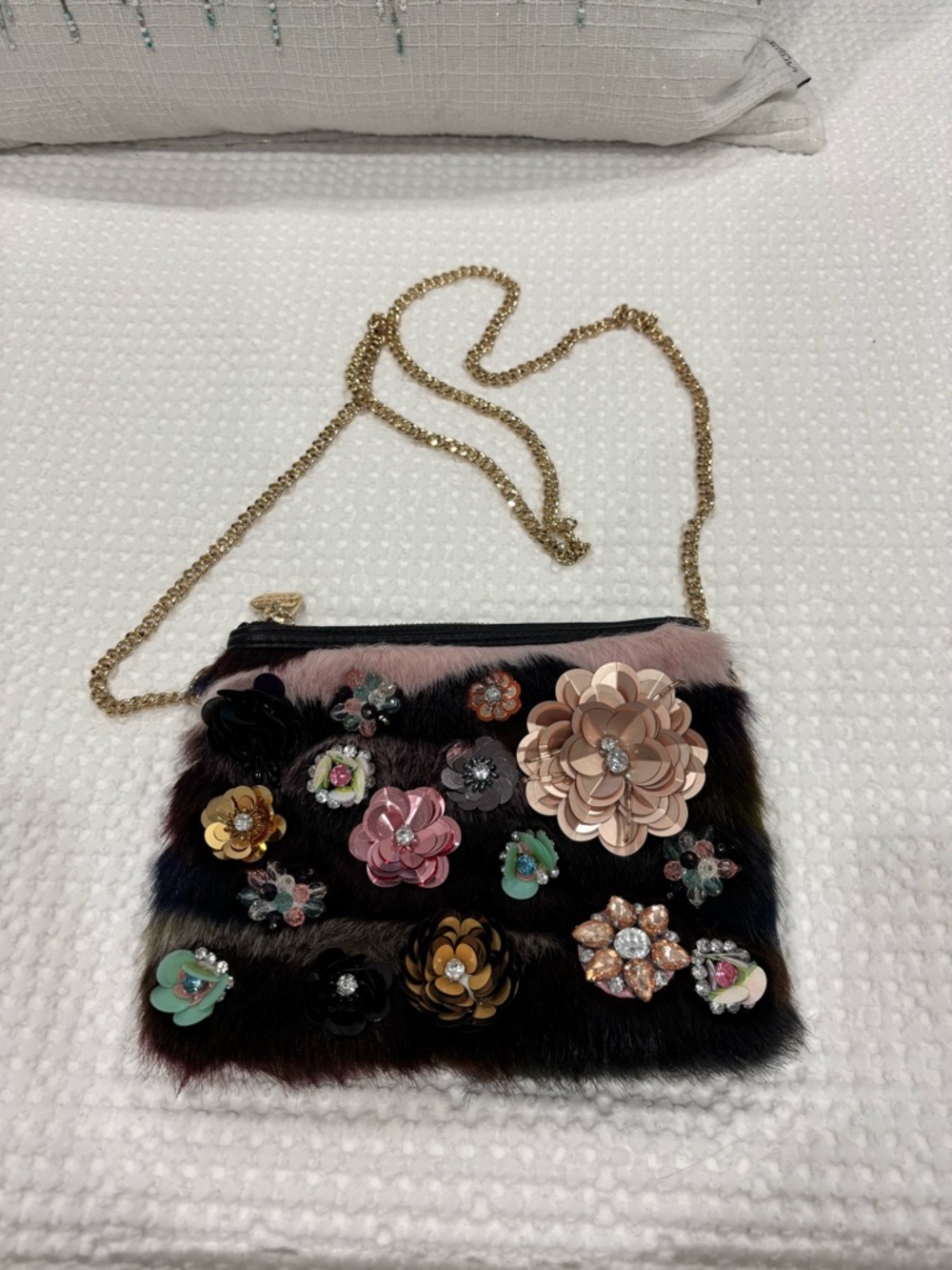 Betsey Johnson Floral Embellished Faux Fur Crossbody Bag - Pink & Black